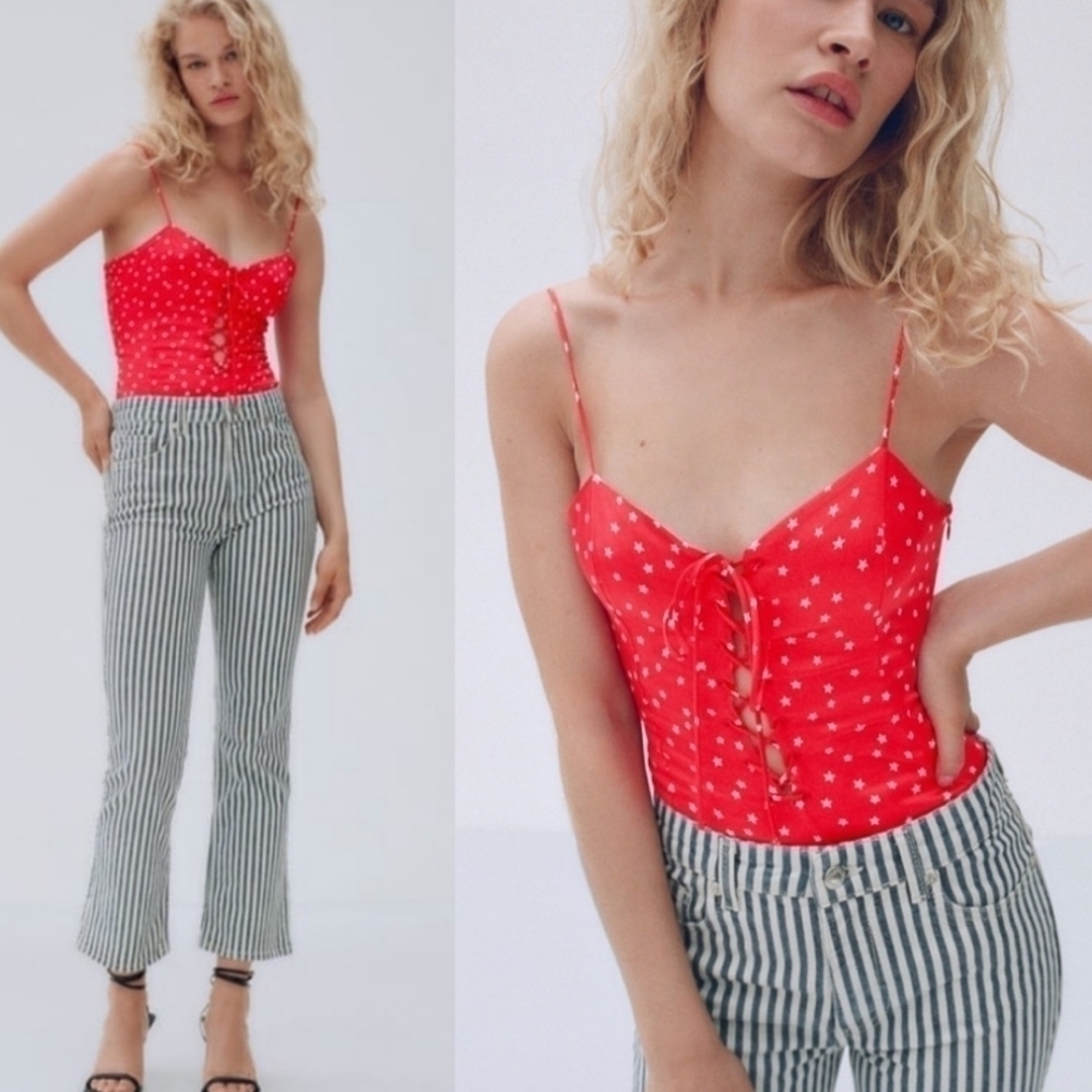 New Zara Satin Effect Stars Bodysuit Red NWT Size Medium